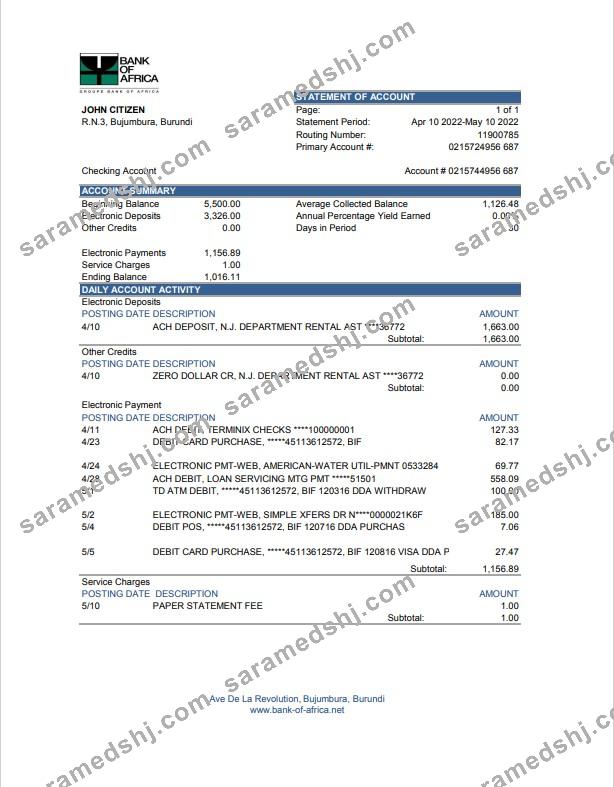 Burundi Bank of Africa bank statement Excel and PDF template (AutoSum)